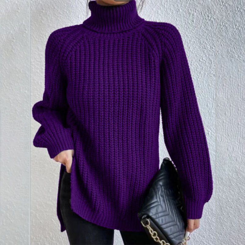 Pull à col roulé avec design fendu, mode simple, couleur unie, manches longues, vêtements pour femmes.