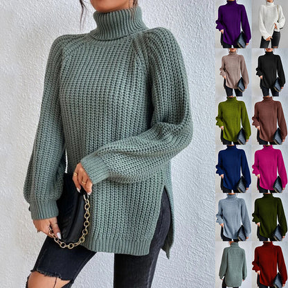 Pull à col roulé avec design fendu, mode simple, couleur unie, manches longues, vêtements pour femmes.